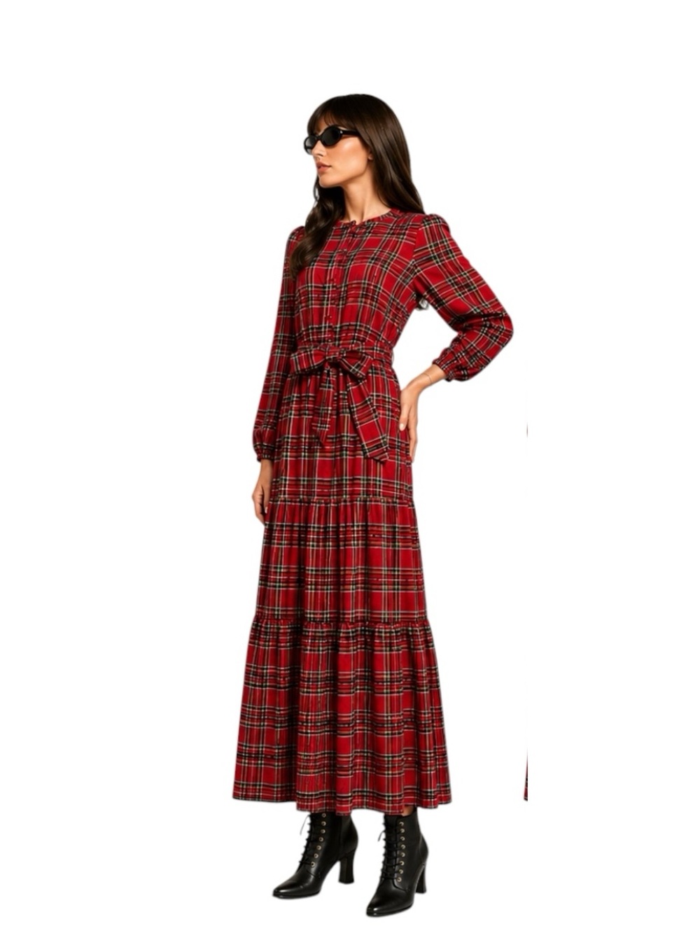 Red Plaid Tartan Size M Maxi Dress Holiday Grandmillennial Victorian Core - Picture 3 of 4